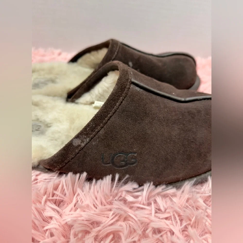UGG MEN'S SCUFF BROWN SUEDE LEATHER SHEARLING WOOL‎ DISTRESSED  MULE Size 11 GUC